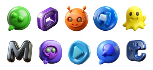 Set of colorful cartoon icons and symbols on transparent background