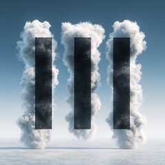 Three vertical, dark shapes emerge from dense white clouds against a pale blue sky, creating a powerful and symbolic image.