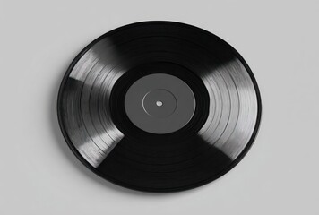 Obraz premium A top-down shot of a black vinyl record with a gray center label against a light gray background. The record has a subtle sheen and spiral grooves