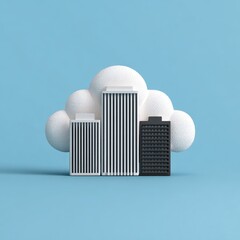 Three stylized office buildings rest within a stylized cloud, showcasing a conceptual representation of cloud-based services.