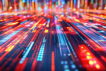 Abstract digital cityscape, vibrant data streams moving forward