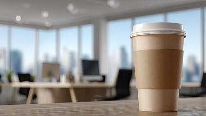A light beige paper coffee cup with a brown sleeve sits on a wooden desk in a modern office.