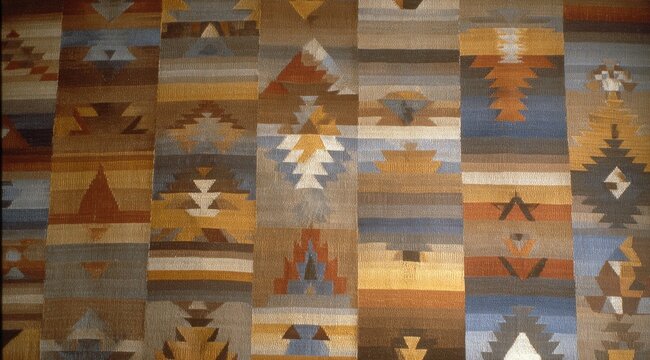 Geometric patterned rug with various colors and shapes