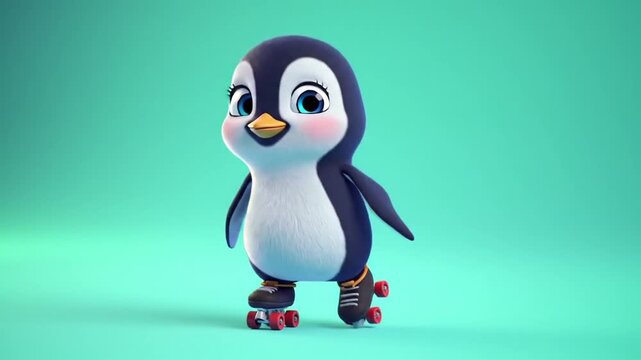 Animated penguin on roller skates against turquoise background