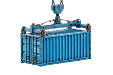 A blue shipping container being lifted by a crane.  The container has visible wear and texture