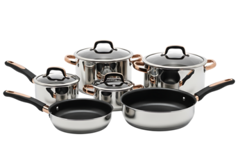 Modern stainless steel cookware set with copper accents for kitchen use Isolated on transparent background