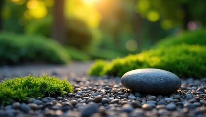 Serene zen garden scene at dawn, with carefully raked gravel, moss, and a single stone Perfect for mindfulness, peace, tranquility, and spiritual well-being themes , wellbeing, stone