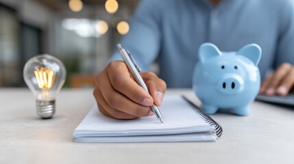 A person is writing on a notepad next to a glowing lightbulb and blue piggybank. A light blue button up shirt is worn with a grey table
