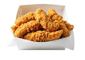 Crispy fried chicken tenders served in a white takeout container ready to eat Isolated on transparent background