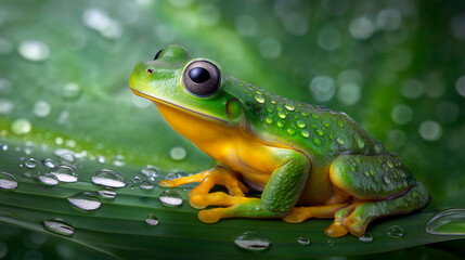 Fototapeta premium Green tree frog sitting on a wet leaf with visible water droplets, vibrant tropical amphibian species in natural rainforest habitat, detailed macro wildlife shot