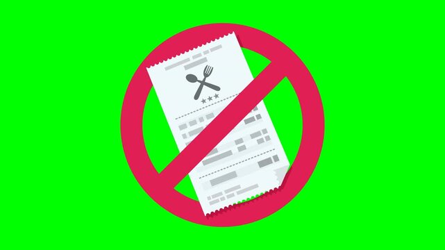 Appearance of a crossed out red circular prohibition symbol on a restaurant bill on green screen with alpha channel in flat design style