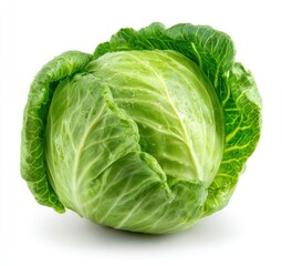 A fresh, green cabbage with dew drops, sits against a stark white backdrop, showcasing its textured leaves and organic shape in a close-up shot
