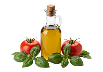 Fresh olive oil in a glass bottle with tomatoes and basil leaves Isolated on transparent background