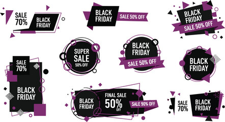 Black Friday sale banners with bold typography and geometric shapes, announcing discounts and special offers.