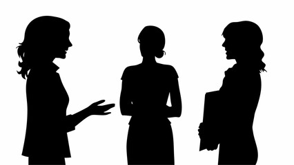 Silhouette illustration of three women in business attire engaged in a discussion on a white background | editable eps vectors
