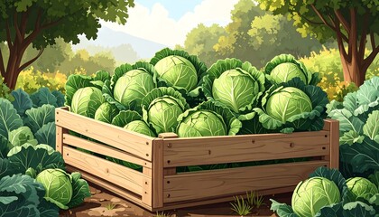 Fresh cabbages in a wooden crate