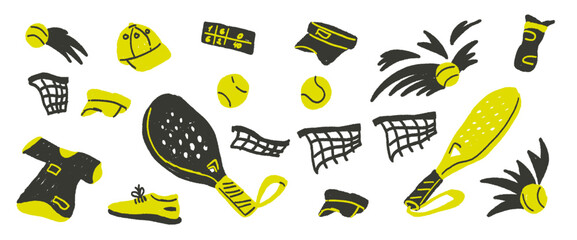 Padel tennis club crayon drawn set. Racket, balls, sport t-shirt and net hand drawn isolated on white background. Scribble sport equipment elements. Vector fitness active hobby illustration by pencil.