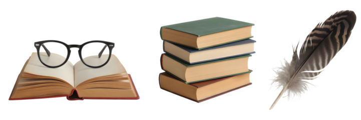 Open book with glasses stack of books and feather evoke a sense of learning knowledge and the written word in a classic composition