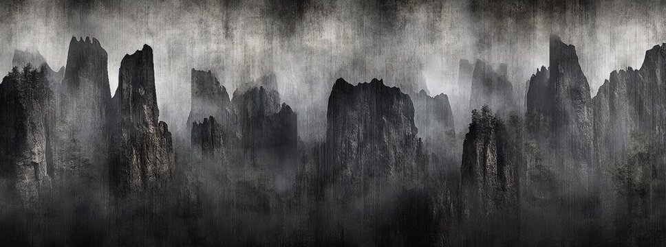 Misty mountain peaks shrouded in a thick fog