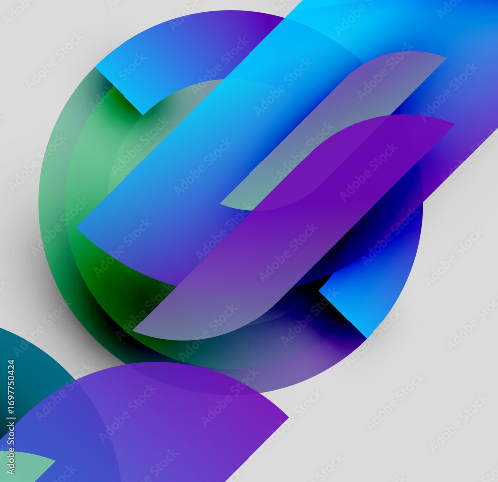 Poster abstract composition. overlapping shapes create dynamic visual effect. blue, green, purple hues domi
