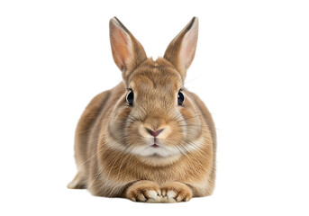 Fototapeta premium Adorable brown rabbit sitting and looking directly at the camera Isolated on transparent background