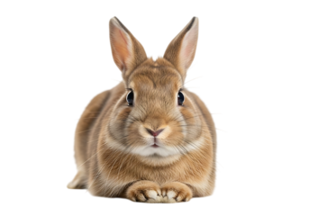 Adorable brown rabbit sitting and looking directly at the camera Isolated on transparent background