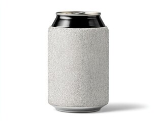 A blank silver-textured can cooler, wrapping around a black can with a silver top, casting a soft shadow on a white background