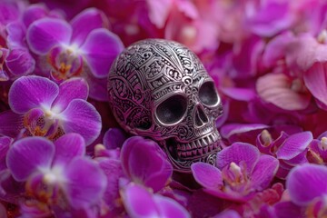 Fototapeta premium Intricate silver skull rests amidst a profusion of vibrant purple orchids, showcasing a captivating contrast of textures and colors.