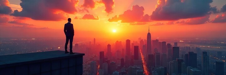 Fototapeta premium Confident silhouette standing on a skyscraper rooftop overlooking a vibrant cityscape at sunset, symbolizing achievement and ambition in business , rooftop, cityscape, night