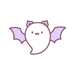 Cute bat ghost icon. Funny little ghost ghost with bat wings. Doodle illustration isolated on white background. Kawaii halloween sticker. Vector 10 EPS.