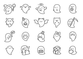 Cute ghost icon set. Collection of hand drawn funny ghosts with different emotions and accessories. Kawaii halloween stickers. Vector 10 EPS.
