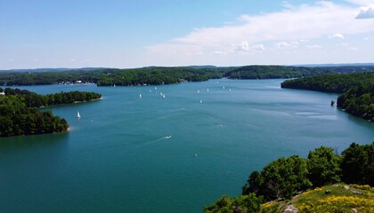 Obraz premium Panoramic view of a lake surrounded by forested hills under a clear sky