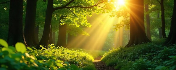 Golden hour sunlight streams through lush green leaves, illuminating a forest scene with warm, dappled light  Perfect for nature, environmental, or wellness themes ,  organic, sunlight