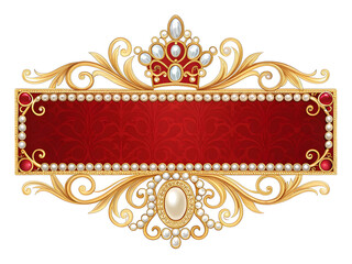 Ornate golden crown and frame with red banner and pearls image