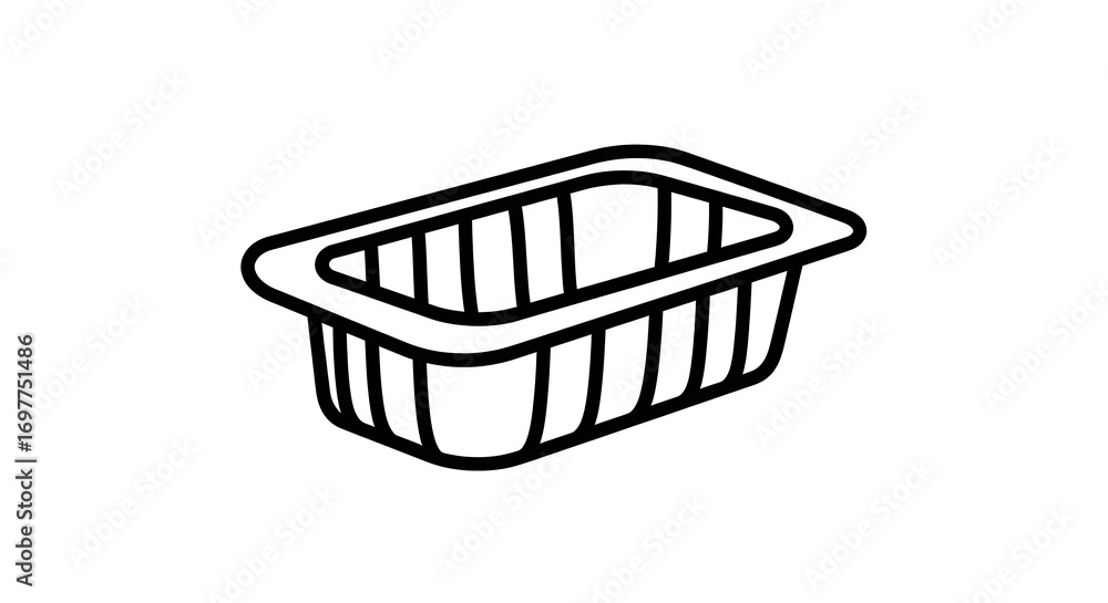 Poster a simple black and white line drawing of a rectangular plastic food container with rounded corners a