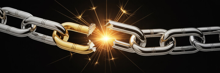 Broken chain link concept representing strength failure security breach and vulnerability concept image