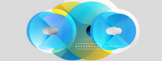 Abstract circles overlap, creating vibrant color gradients. Yellow, blue, green hues blend seamlessly. Modern design element for backgrounds.