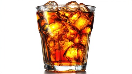 Iced drink in a glass tumbler, filled with ice cubes and amber liquid