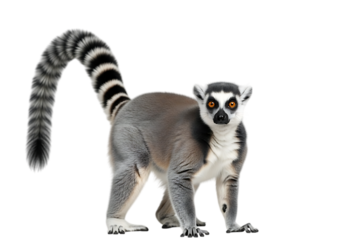 Ring tailed lemur with striking eye color and distinctive striped tail Isolated on transparent background