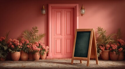 Welcoming pink doorway cozy indoor ambiance charming chalkboard sign lush plants front view inviting atmosphere