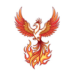 Fototapeta premium Illustration of a phoenix rising from flames with vibrant orange and yellow feathers.