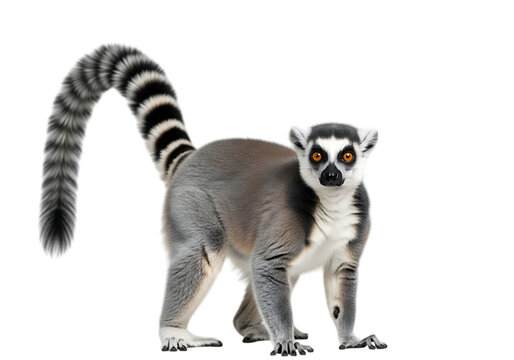 Ring tailed lemur with striking eye color and distinctive striped tail Isolated on transparent background