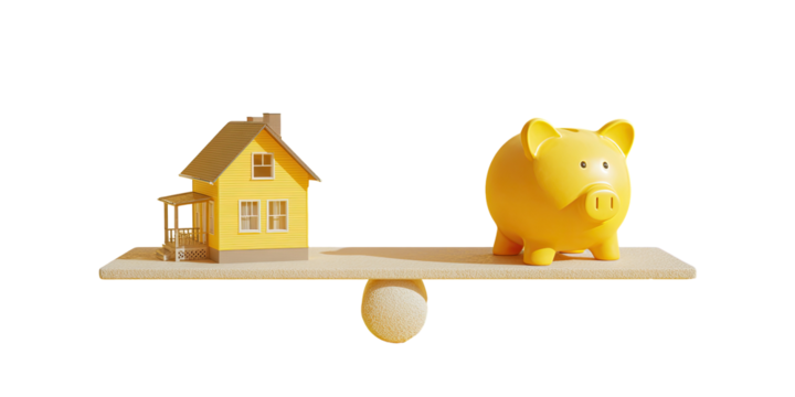 A yellow house and piggy bank balanced on a seesaw (1)