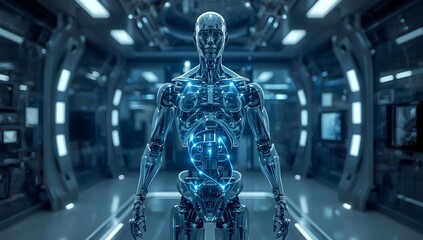 Futuristic humanoid robot standing in a sci fi corridor