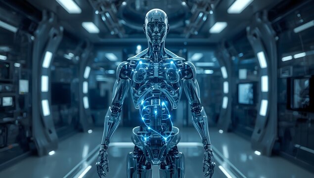 Futuristic humanoid robot standing in a sci fi corridor