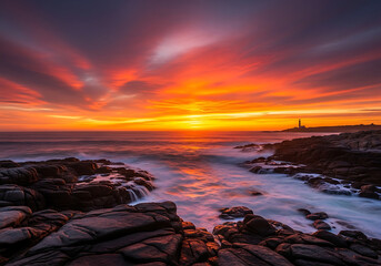 Vector illustration of dramatic sunset over rocky coastline with lighthouse in the distance, ocean waves crashing on shore