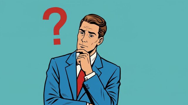 An uncertain man in a suit looks thoughtfully at a floating red question mark