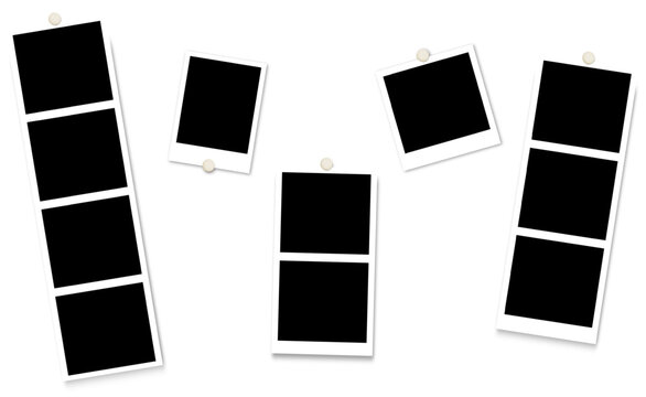 Collection of blank photo frame mockups with push pins, perfect for memory boards, galleries, or scrapbooking projects