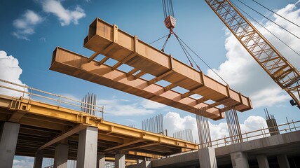 Naklejka premium Construction Beam Lifted by Crane at Site