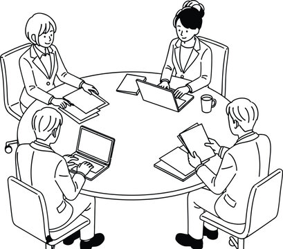 Diverse team collaborates around a round table in a professional meeting, discussing documents and using laptops.
